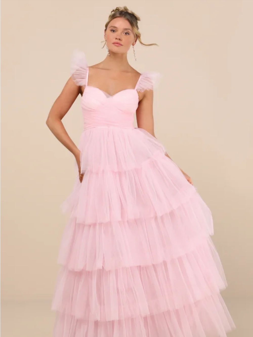 NWT! Lulus Fabulous Poise Light Pink Tulle Ruffled Tiered Maxi Dress. XXS